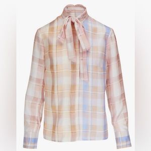 Zimmermann Dancer Checkered Neck Tie Pastel Ombré Blouse Sz 3 $650 NEW
